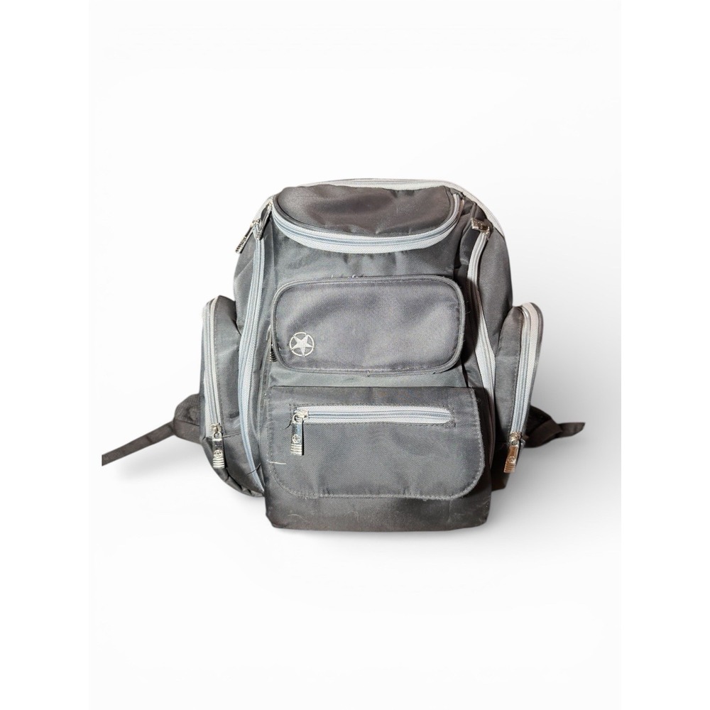 Gray Multi-Pocket Nylon Backpack Star Logo Utility Travel Bag with Padded Straps